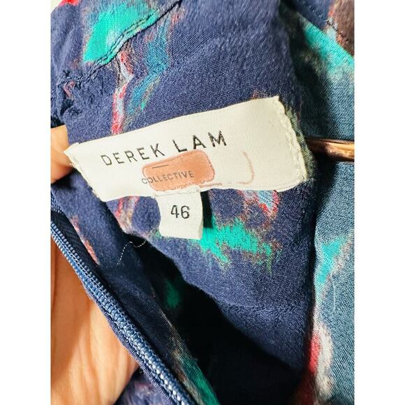 DEREK LAM COLLECTIVE Navy Floral Print Godet-pleated Skirt Mini Dress Size 46 - Picture 7 of 11